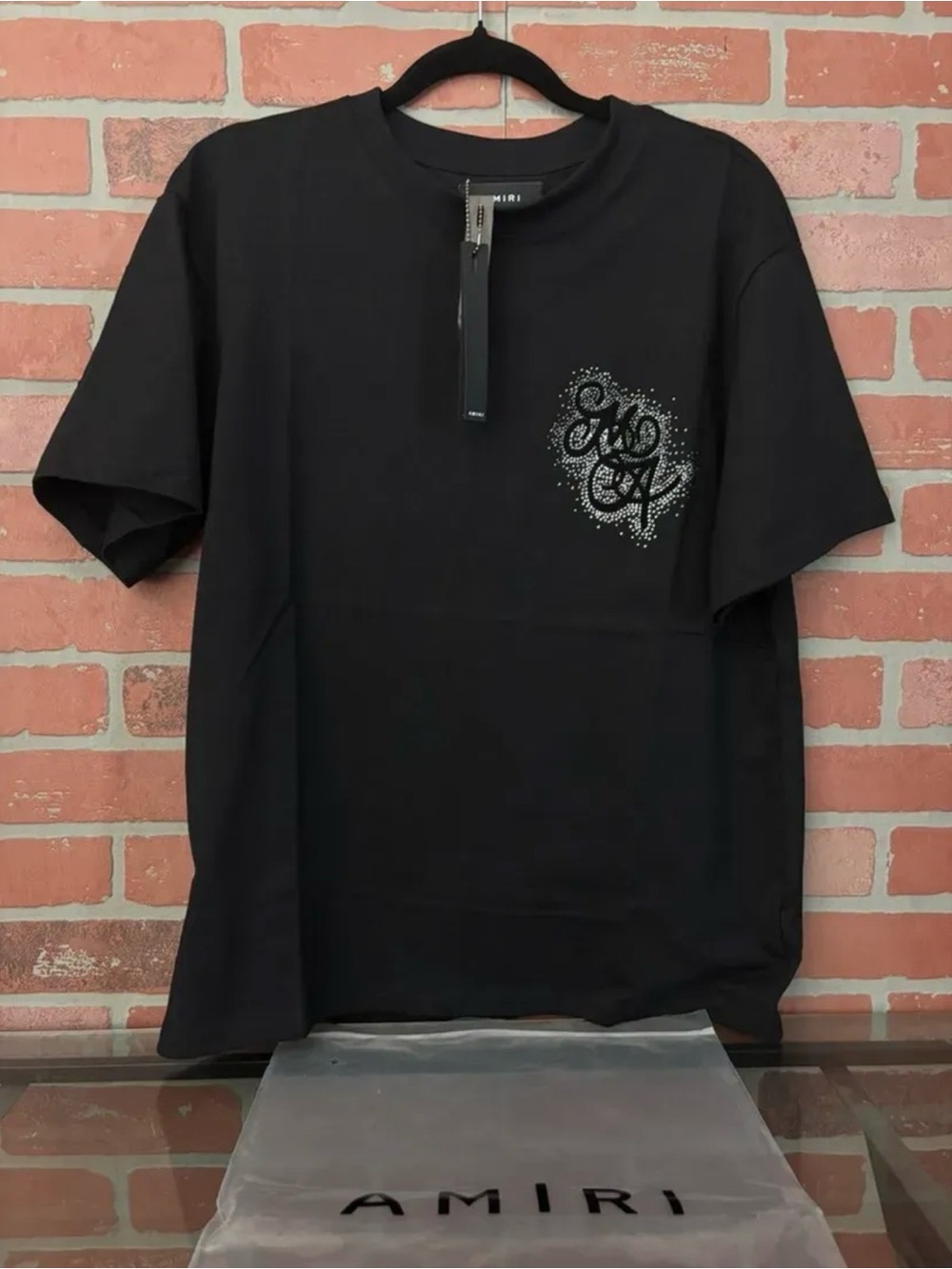 AMIRI Black Short-Sleeve Tee with Rhinestone Script Chest